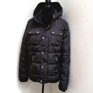 H&M Winter Coat Black Hooded Biker Stitch Pattern Puffy Jacket Coat Size 38R